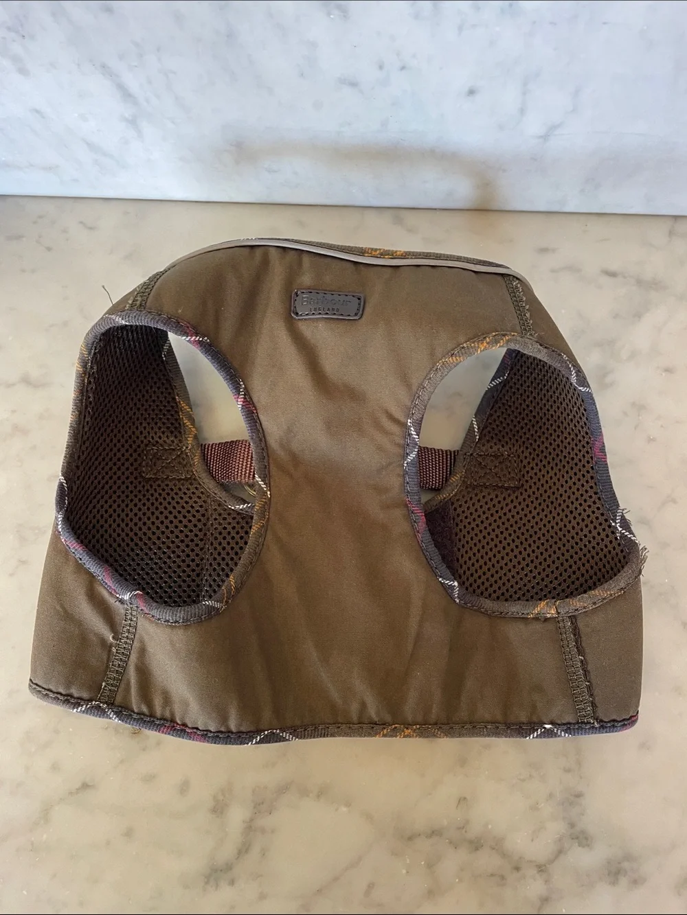 BARBOUR England Olive and Brown Dog Wax Step In Harness with Plaid Trim Large